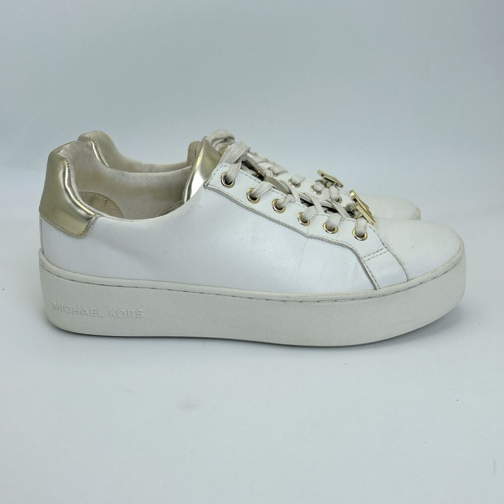 Michael Kors Shea Faux Leather Sneakers Womens Sz 7.5 White Logo Casual Shoes - Picture 3 of 8